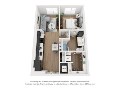 Floor plan for 1 bed, 1 bath, 684 sqft